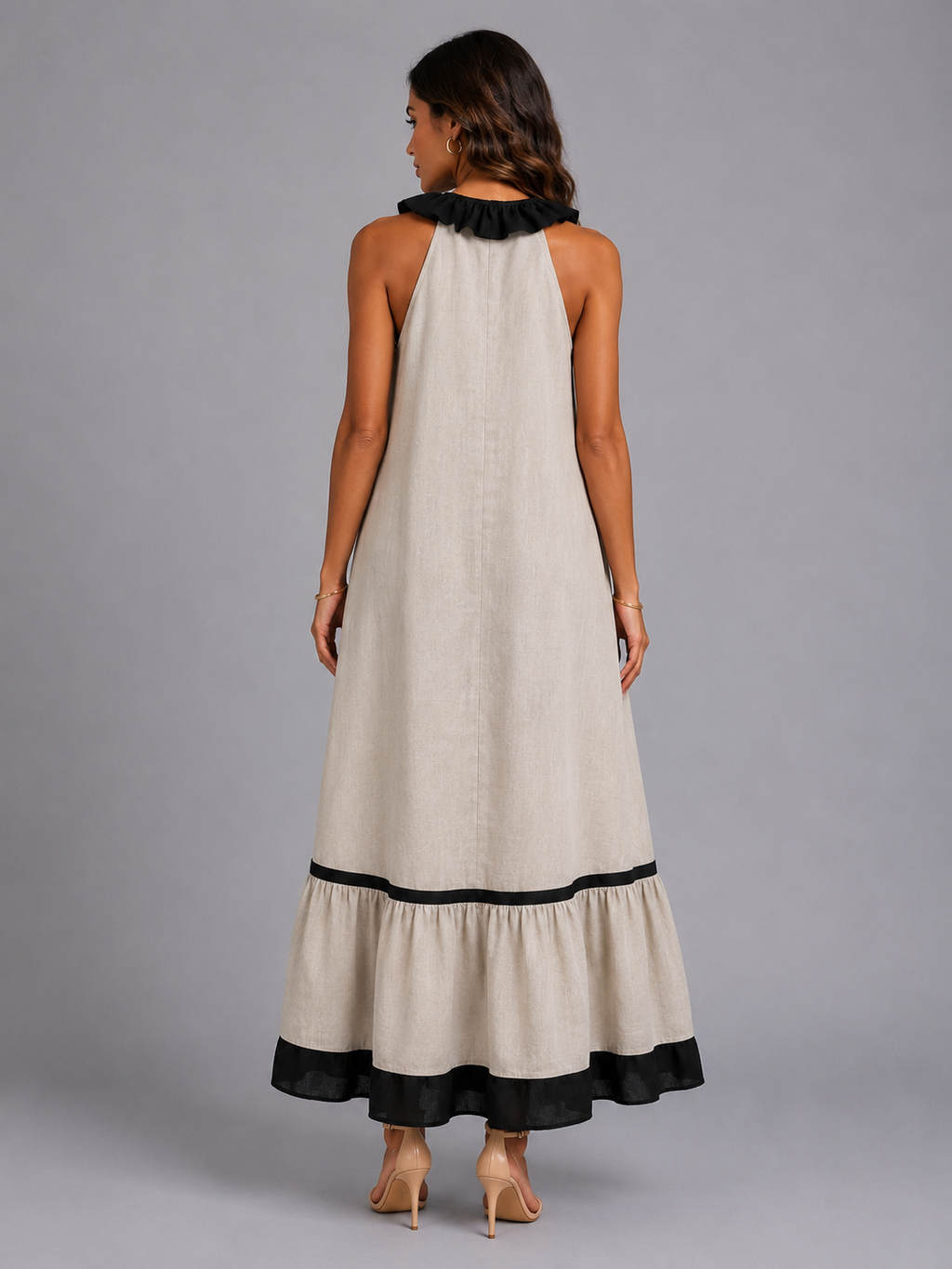 Miranda | Vestido Maxi Sin Mangas con Cuello con Volante y Contraste 7 colores