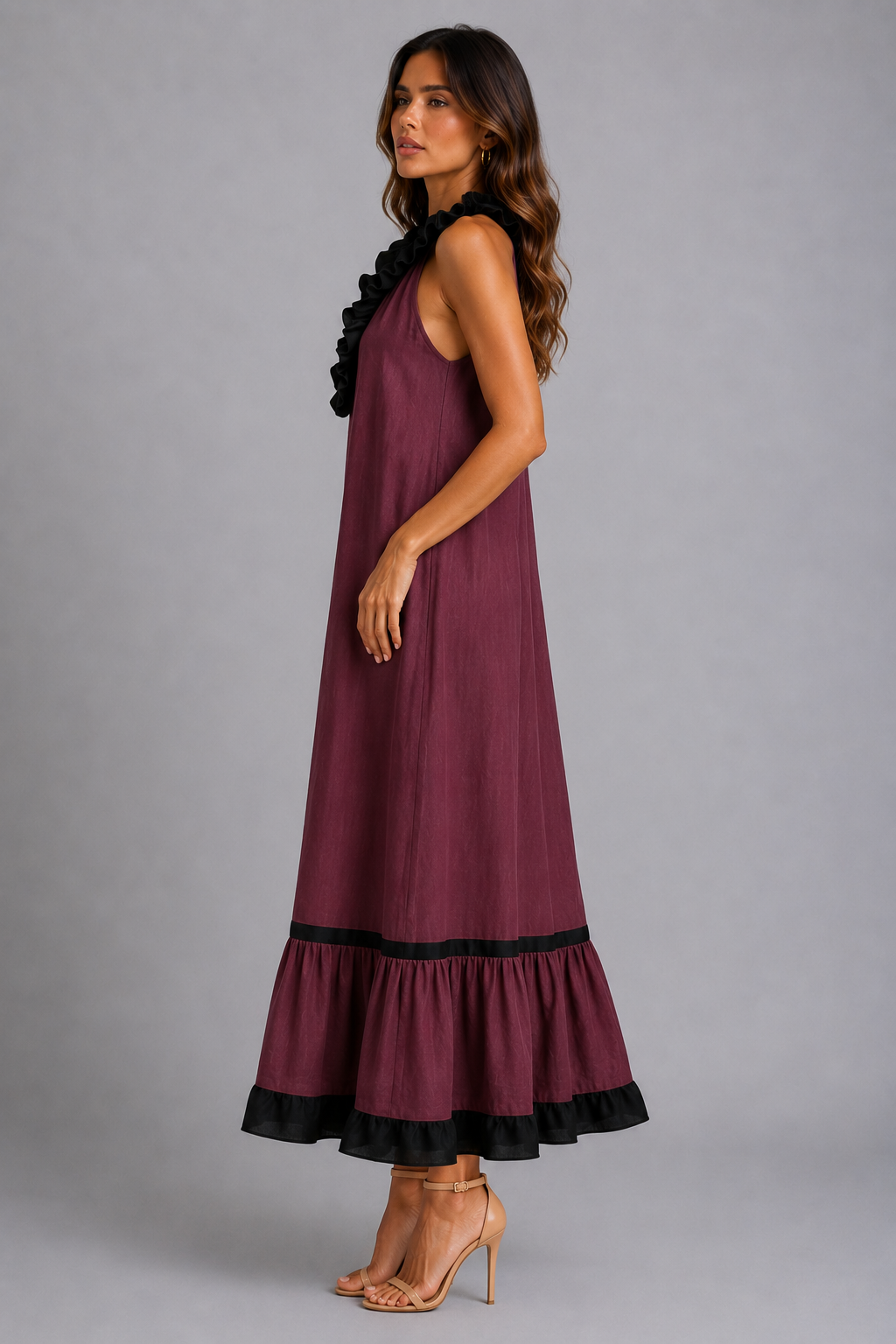 Miranda | Vestido Maxi Sin Mangas con Cuello con Volante y Contraste 7 colores