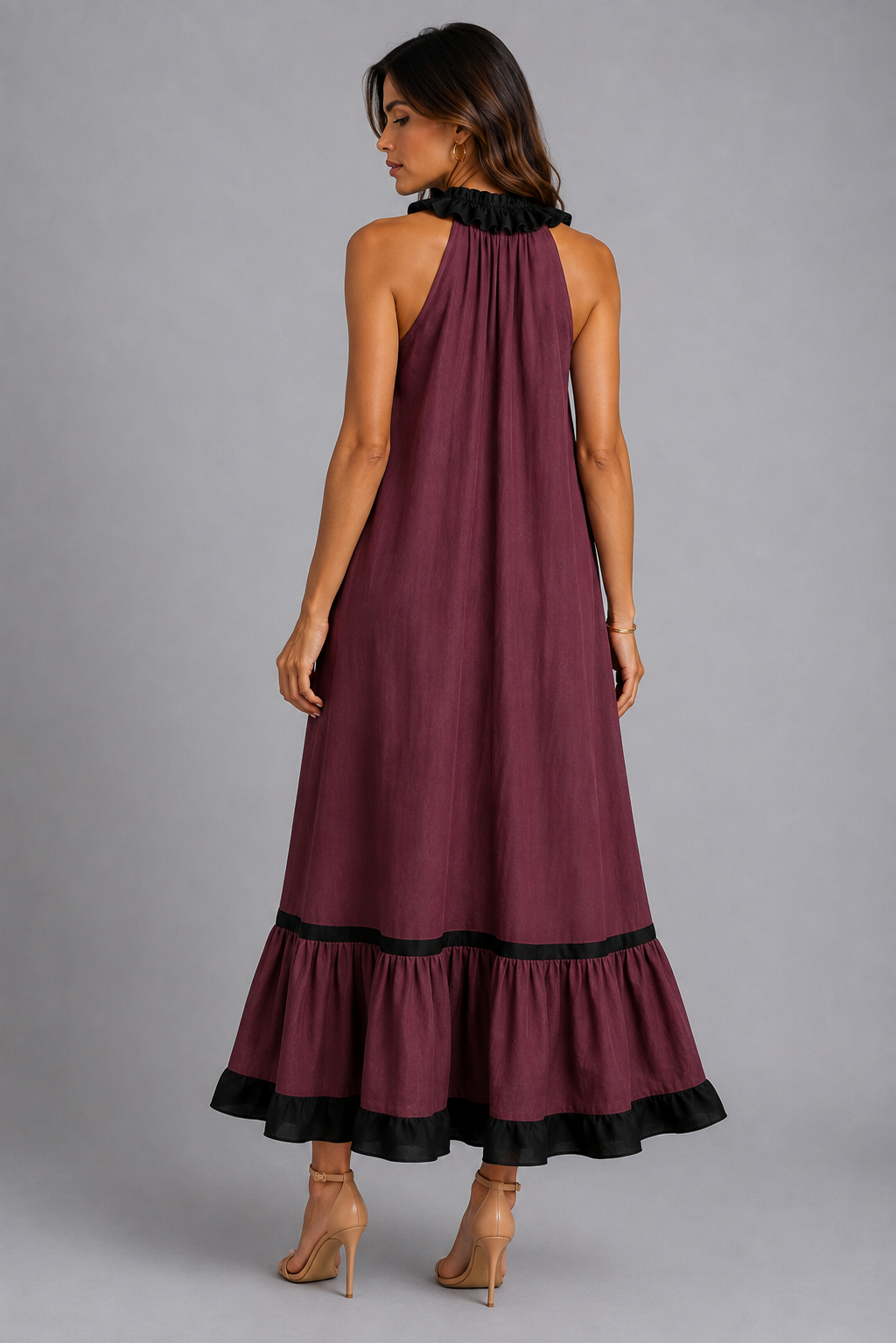 Miranda | Vestido Maxi Sin Mangas con Cuello con Volante y Contraste 7 colores