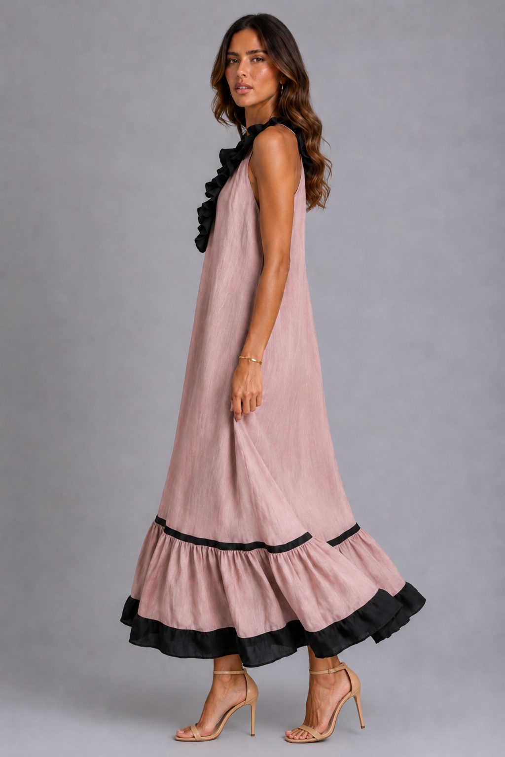 Miranda | Vestido Maxi Sin Mangas con Cuello con Volante y Contraste 7 colores
