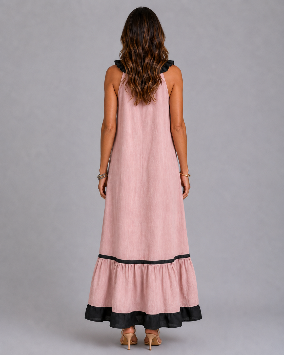 Miranda | Vestido Maxi Sin Mangas con Cuello con Volante y Contraste 7 colores