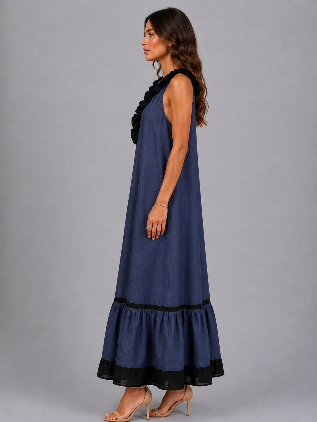 Miranda | Vestido Maxi Sin Mangas con Cuello con Volante y Contraste 7 colores