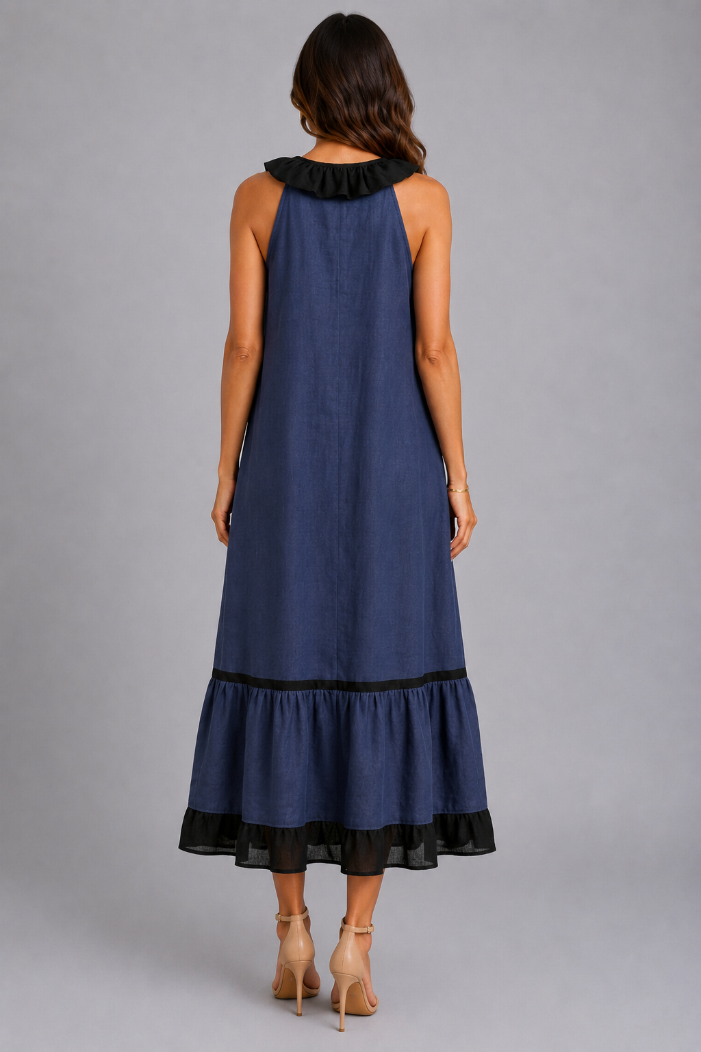 Miranda | Vestido Maxi Sin Mangas con Cuello con Volante y Contraste 7 colores