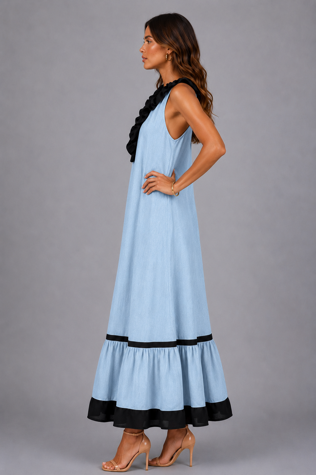 Miranda | Vestido Maxi Sin Mangas con Cuello con Volante y Contraste 7 colores