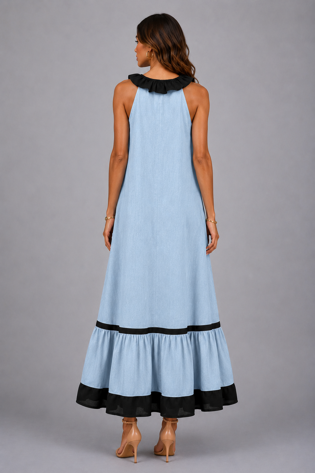 Miranda | Vestido Maxi Sin Mangas con Cuello con Volante y Contraste 7 colores