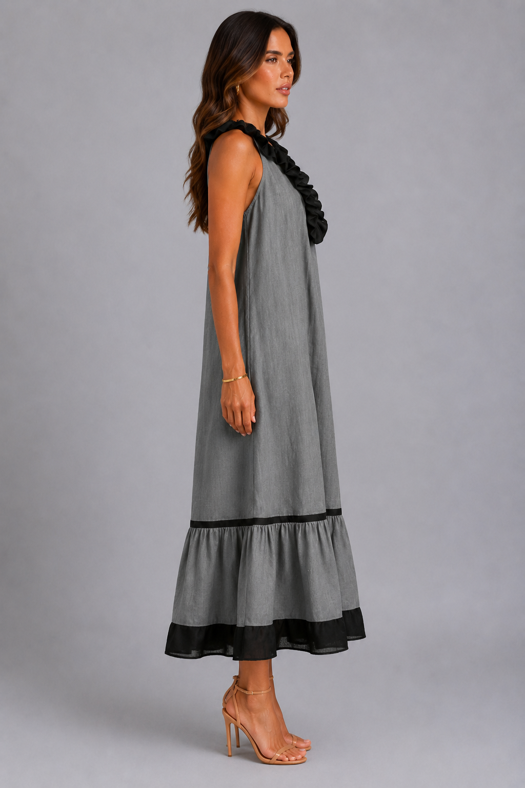 Miranda | Vestido Maxi Sin Mangas con Cuello con Volante y Contraste 7 colores