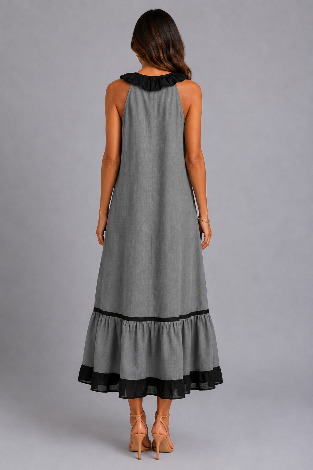 Miranda | Vestido Maxi Sin Mangas con Cuello con Volante y Contraste 7 colores