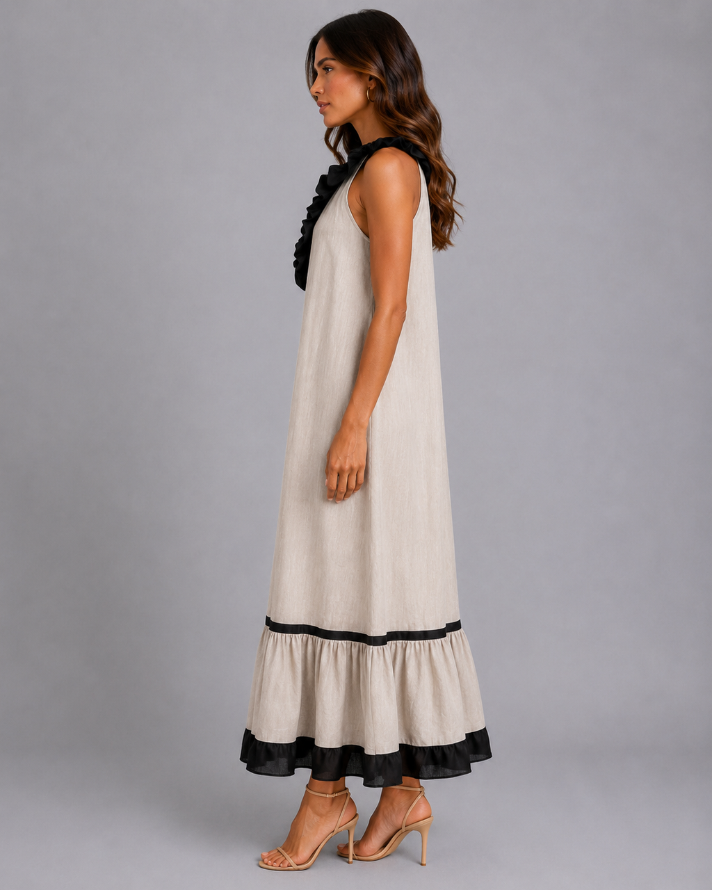 Miranda | Vestido Maxi Sin Mangas con Cuello con Volante y Contraste 7 colores