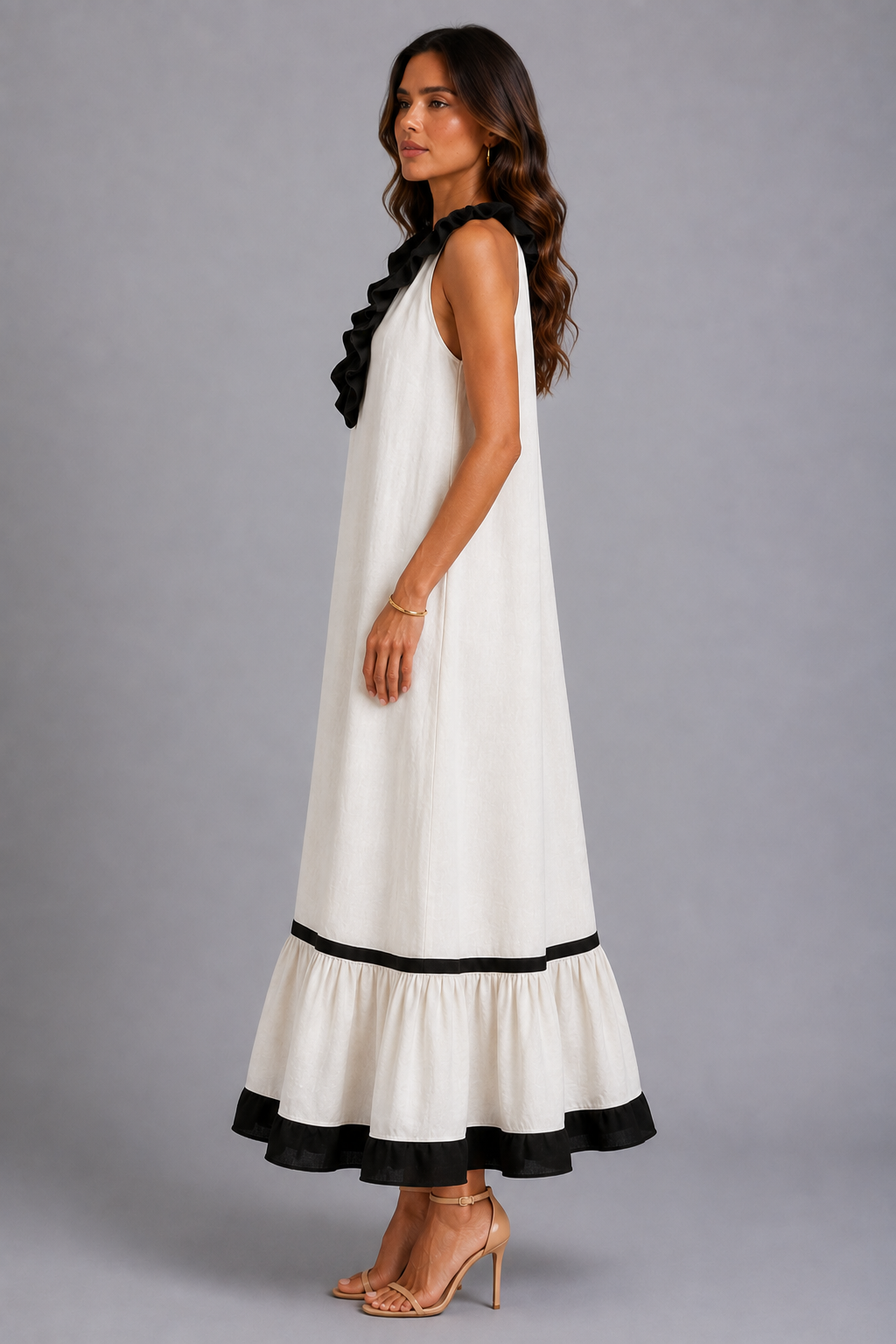 Miranda | Vestido Maxi Sin Mangas con Cuello con Volante y Contraste 7 colores