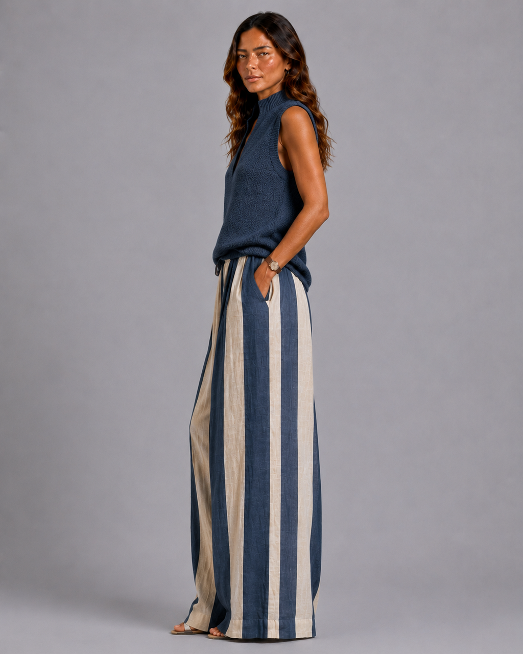 Paola | Completo top senza maniche e pantaloni a righe larghi