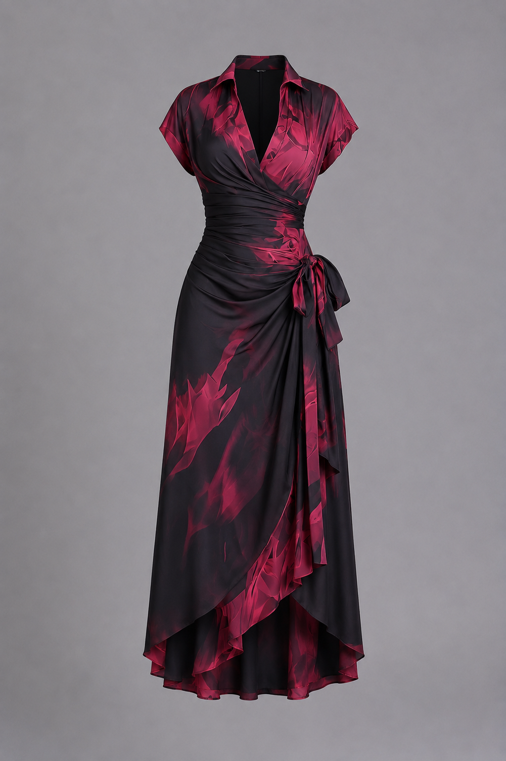 Rosanna | Vestito midi incrociato con stampa astratta, scollo a V, manica corta, cintura e orlo asimmetrico con volant.