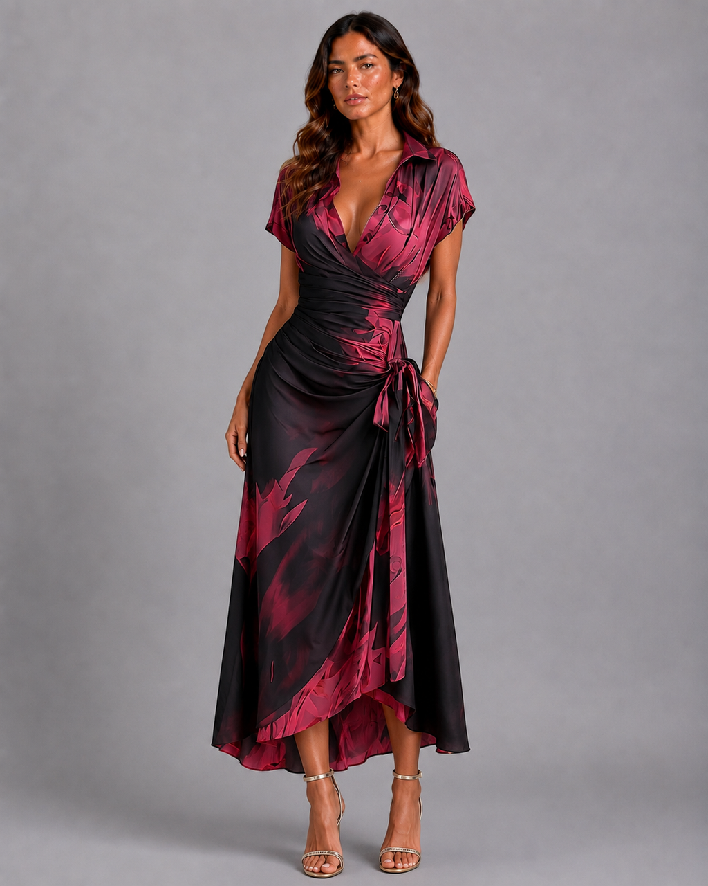 Rosanna | Vestito midi incrociato con stampa astratta, scollo a V, manica corta, cintura e orlo asimmetrico con volant.