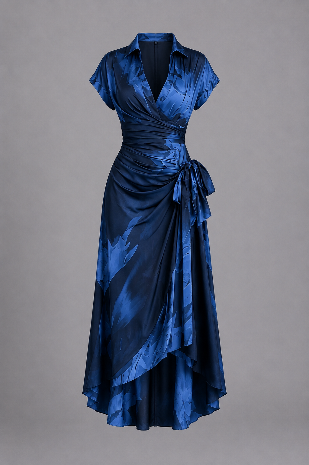 Rosanna | Vestito midi incrociato con stampa astratta, scollo a V, manica corta, cintura e orlo asimmetrico con volant.