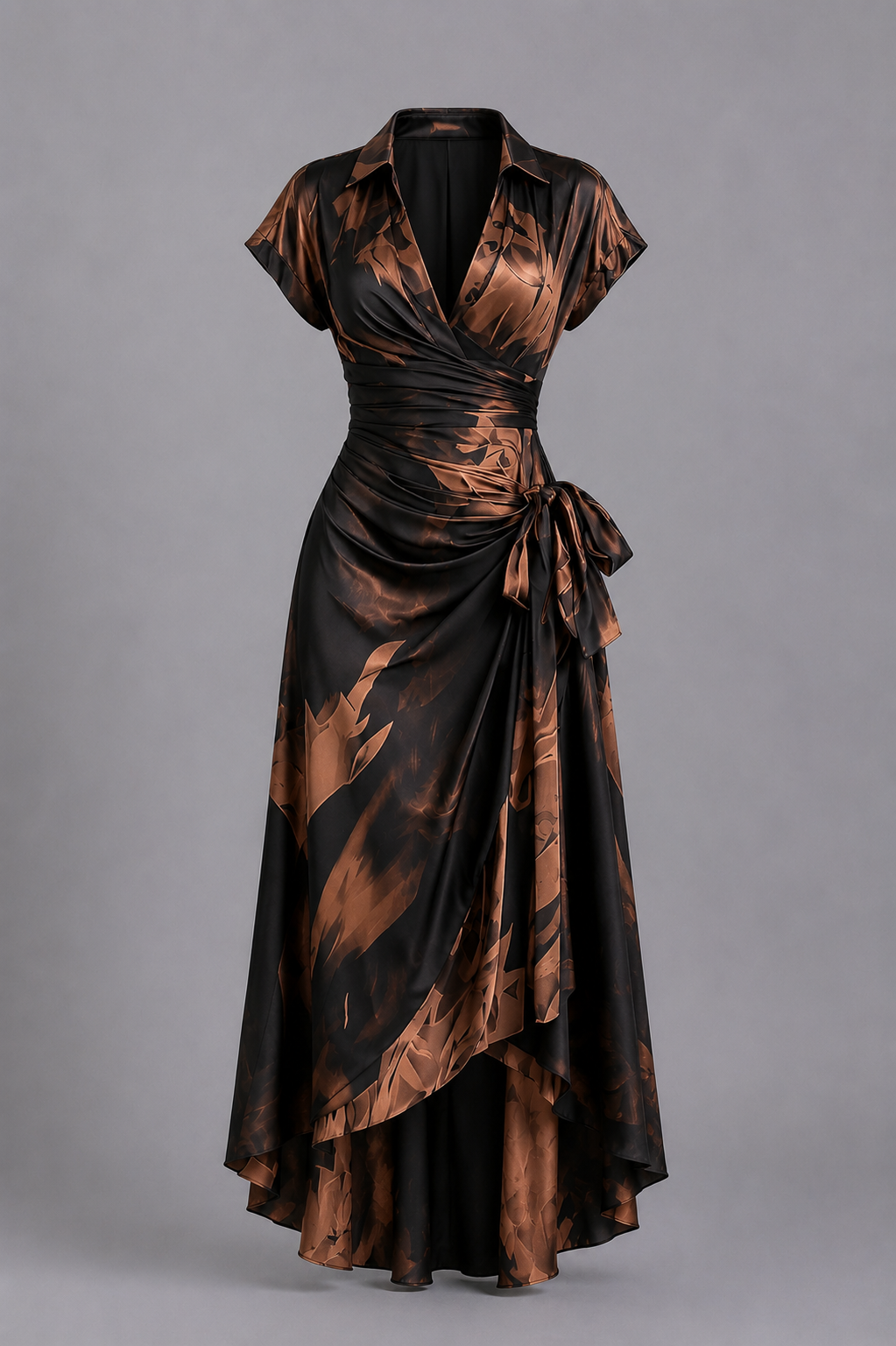 Rosanna | Vestito midi incrociato con stampa astratta, scollo a V, manica corta, cintura e orlo asimmetrico con volant.