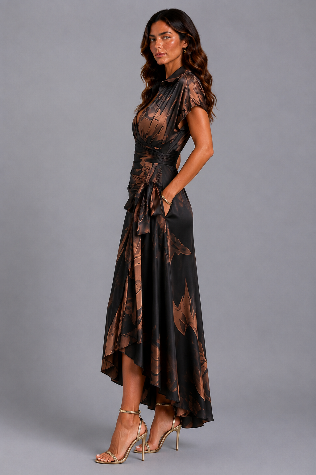 Rosanna | Vestito midi incrociato con stampa astratta, scollo a V, manica corta, cintura e orlo asimmetrico con volant.