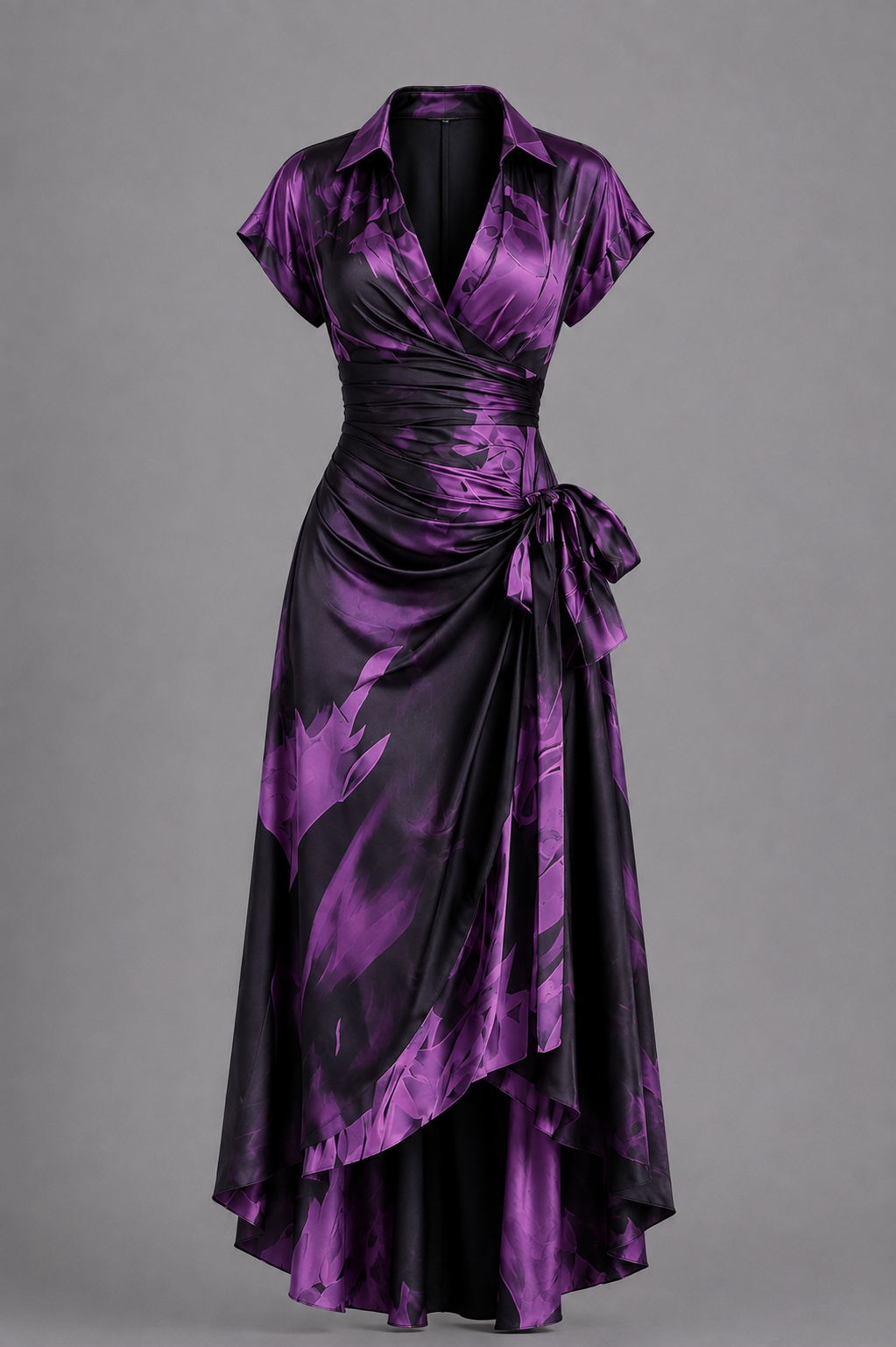 Rosanna | Vestito midi incrociato con stampa astratta, scollo a V, manica corta, cintura e orlo asimmetrico con volant.