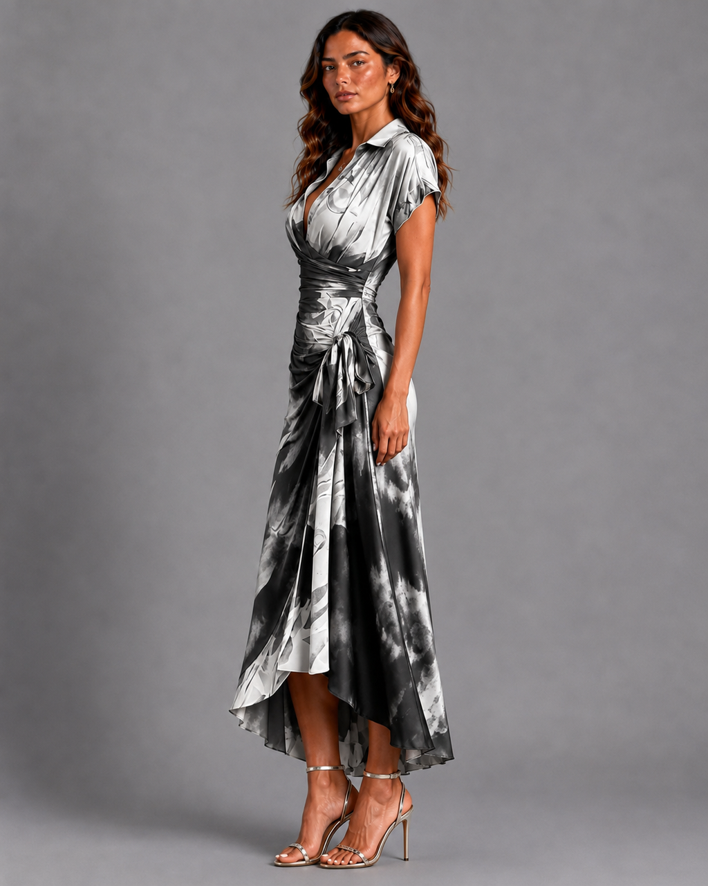 Rosanna | Vestito midi incrociato con stampa astratta, scollo a V, manica corta, cintura e orlo asimmetrico con volant.