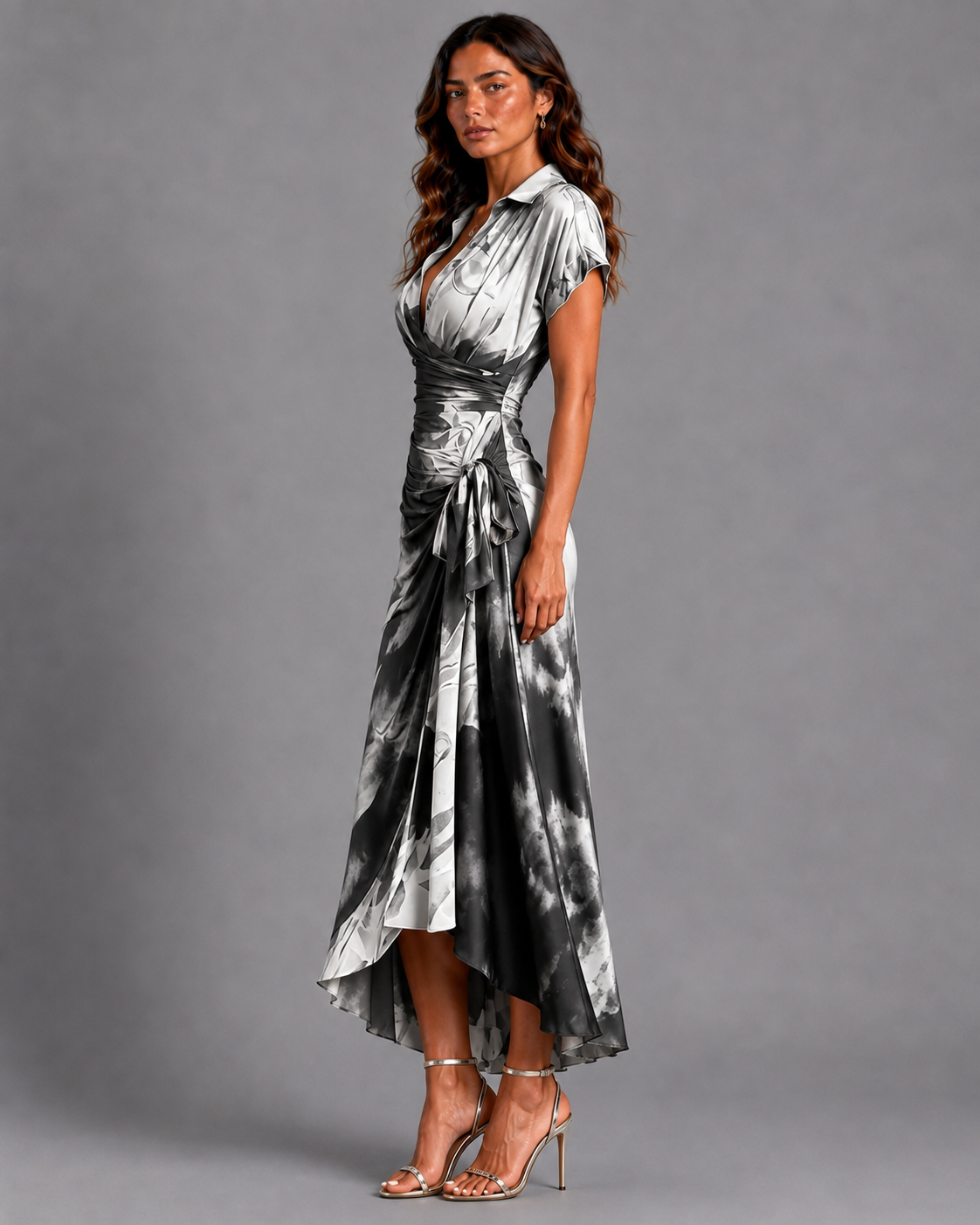 Rosanna | Vestito midi incrociato con stampa astratta, scollo a V, manica corta, cintura e orlo asimmetrico con volant.