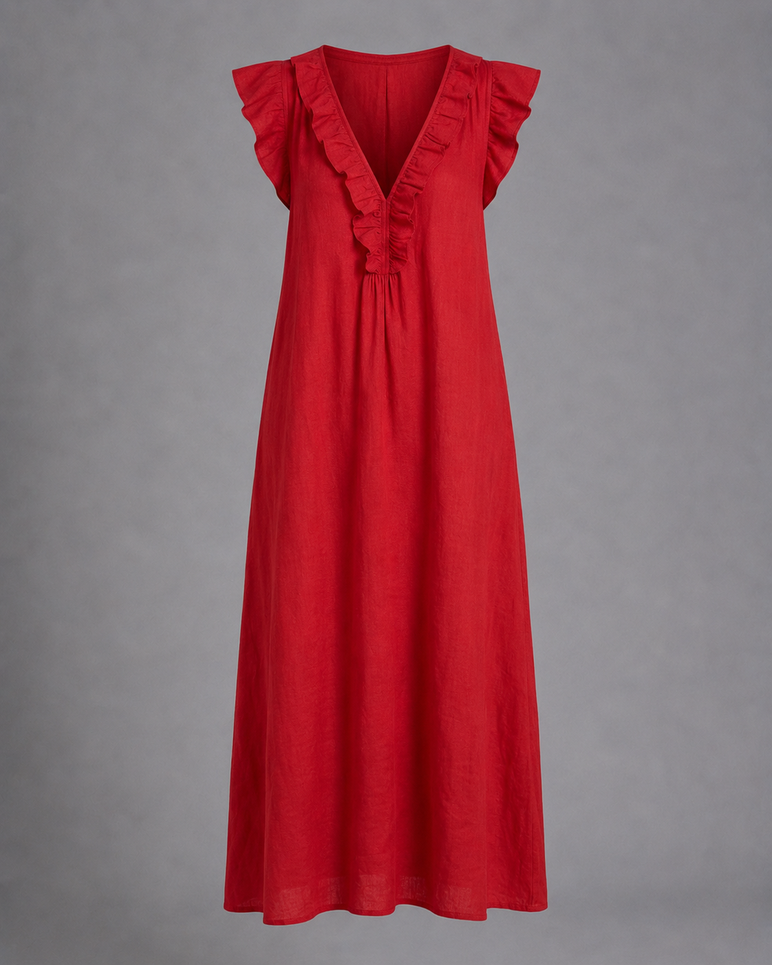 Monica | Vestido Maxi de Mezcla de Lino con Volantes y Escote en V