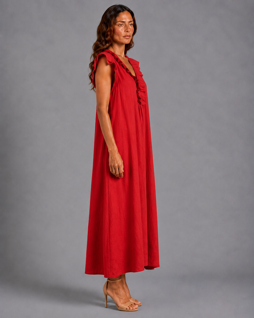 Monica | Vestido Maxi de Mezcla de Lino con Volantes y Escote en V