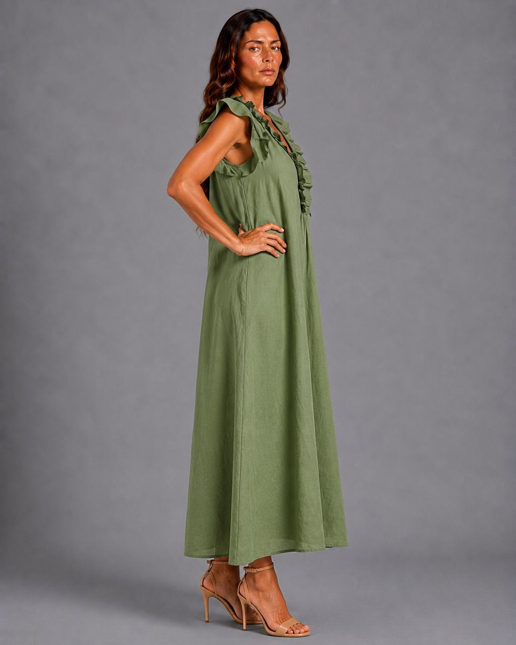 Monica | Vestido Maxi de Mezcla de Lino con Volantes y Escote en V