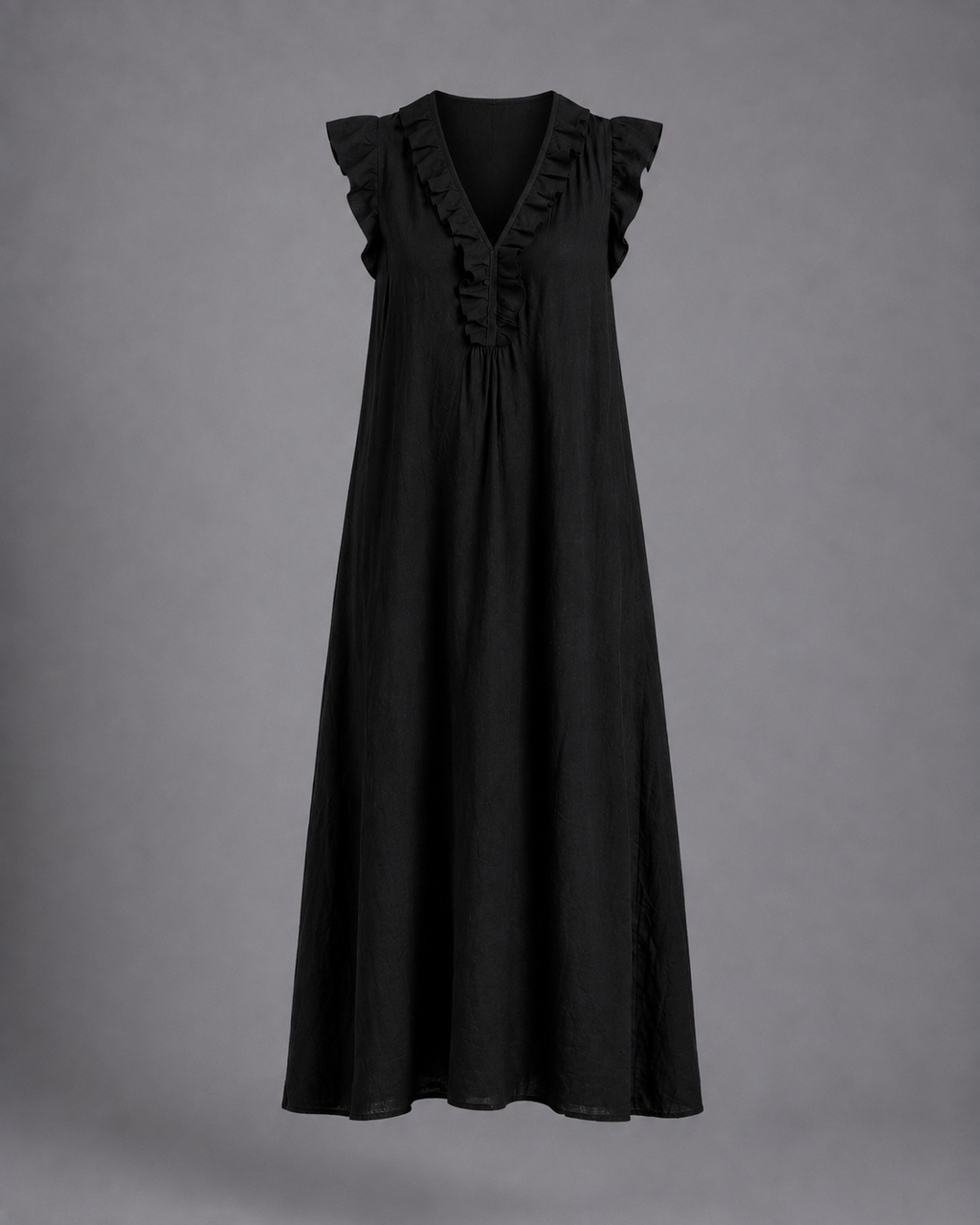 Monica | Vestido Maxi de Mezcla de Lino con Volantes y Escote en V