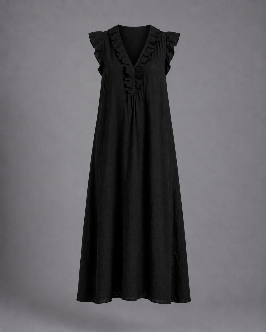 Monica | Vestido Maxi de Mezcla de Lino con Volantes y Escote en V