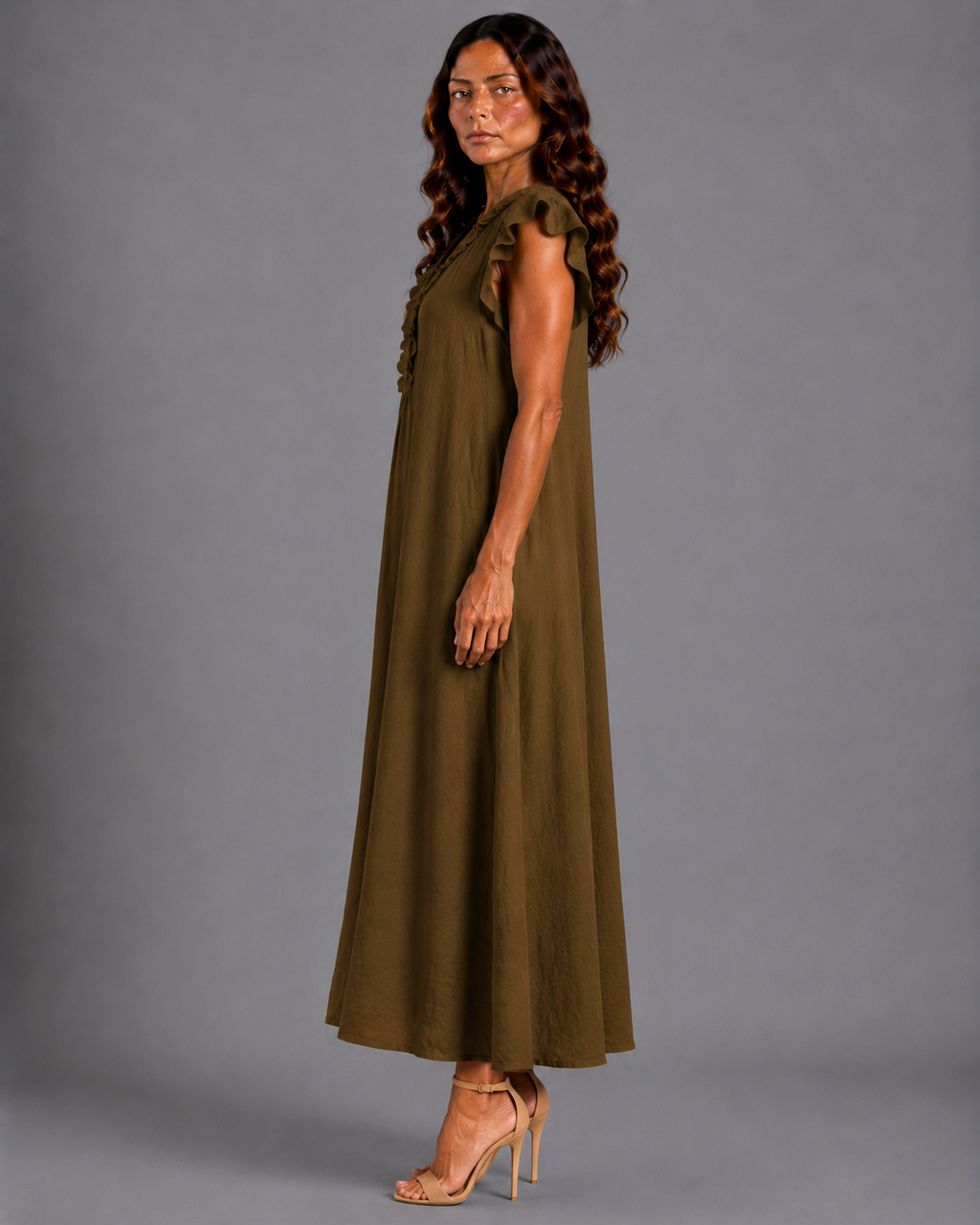 Monica | Vestido Maxi de Mezcla de Lino con Volantes y Escote en V