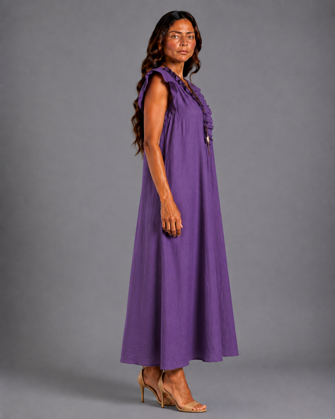 Monica | Vestido Maxi de Mezcla de Lino con Volantes y Escote en V