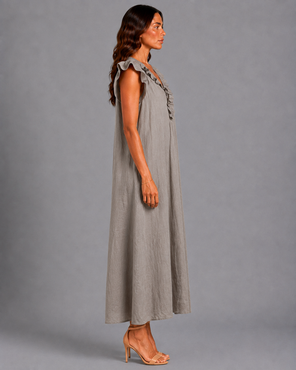 Monica | Vestido Maxi de Mezcla de Lino con Volantes y Escote en V